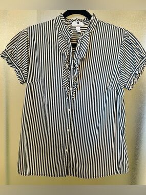 Ralph Lauren Style Navy Yellow & White Striped Ruffle Button-Up Top